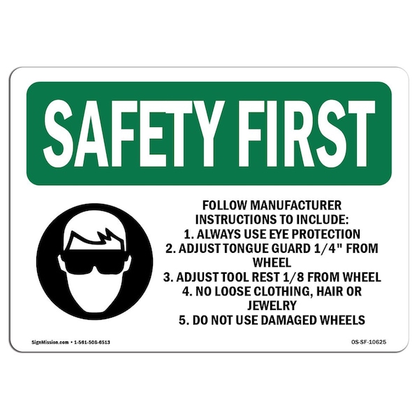 OSHA Sign, Follow Manufacturer Instructions W/ Symbol, 10in X 7in Aluminum, 7" W, 10" L, Landscape